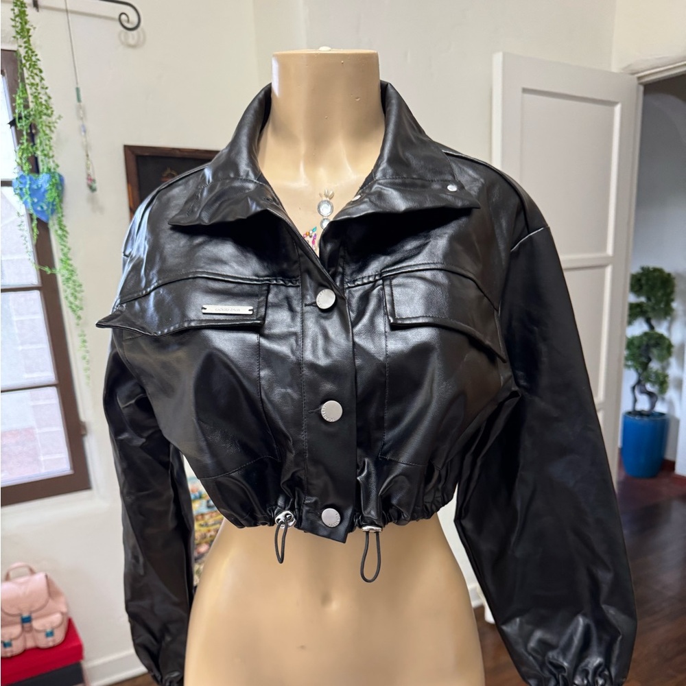Black Vegan Leather Cropped Jacket